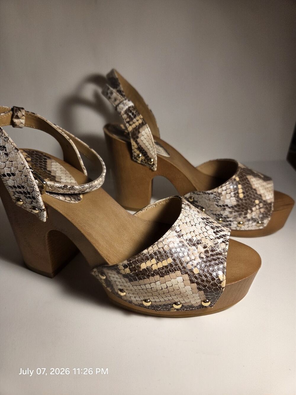 Express Women’s Snake Print Platform Open Toe Ankle Strap Buckle Studded 7